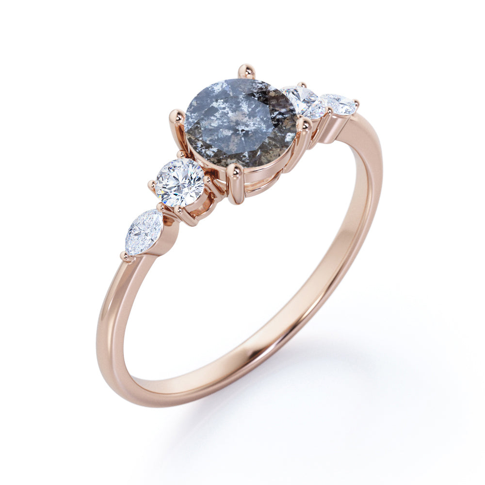 Minimalist 0.65 carat Round cut Salt and pepper diamond and white diamond classic engagement ring in Rose gold
