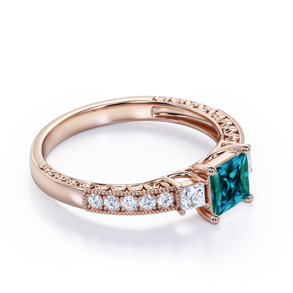 Milgrain Trilogy 1.25 carat Princess cut Alexandrite and diamond antique art deco engagement ring in Rose gold