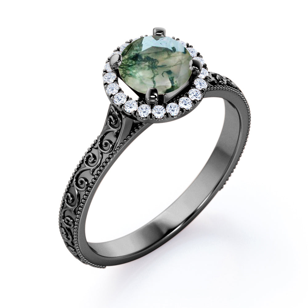 1.25 carat Round cut Moss Agate and diamond Edwardian filigree and halo engagement ring in Black gold