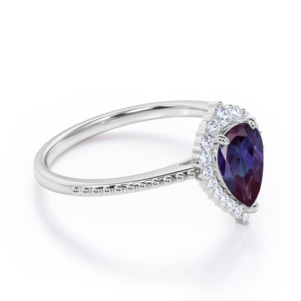 Crown Milgrain 1.25 carat Pear shaped Synthetic Alexandrite and diamond halo style engagement ring in Rose gold