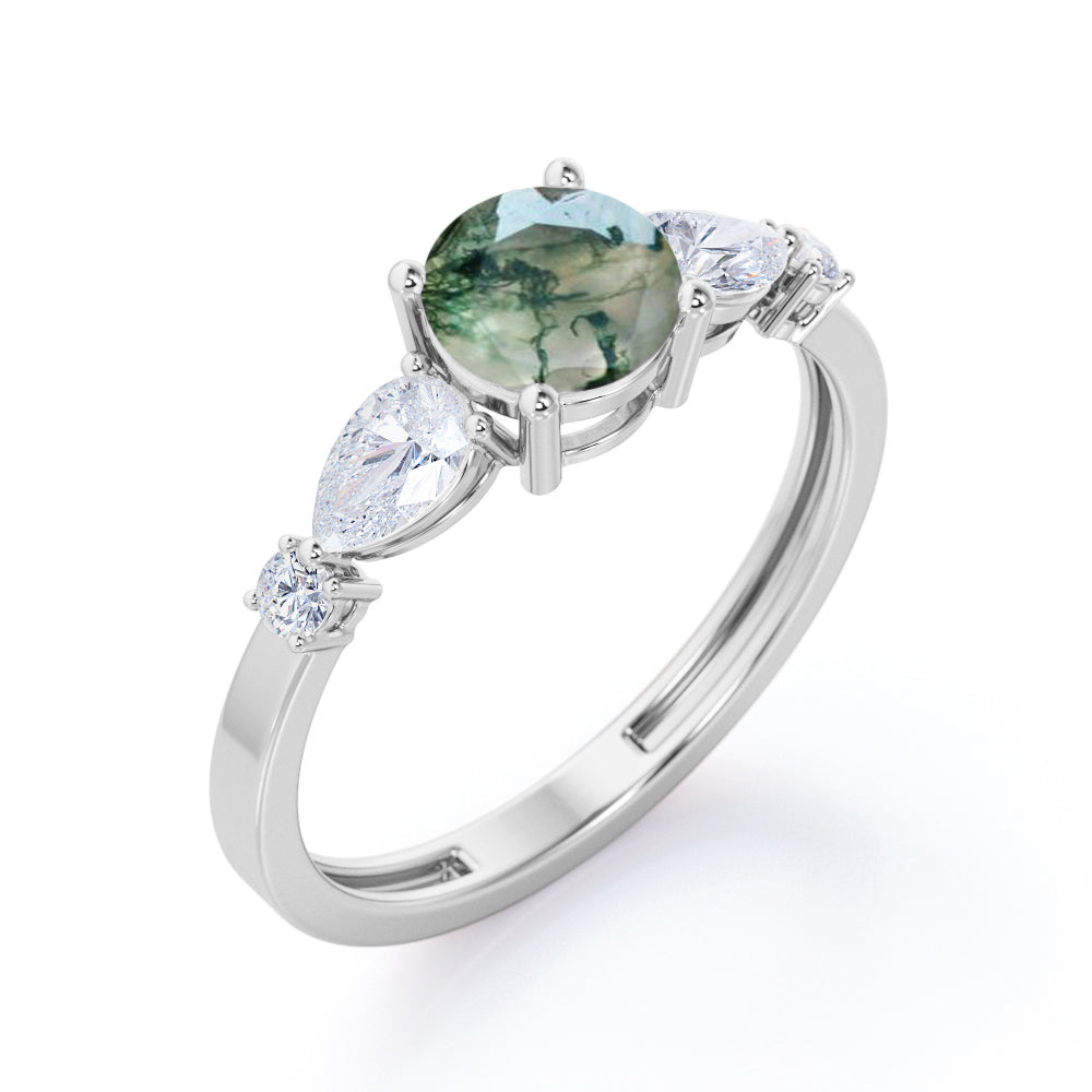 Vintage Five stones 1.2 carat Round cut Moss Green Agate and diamond 4 prong engagement ring in White gold