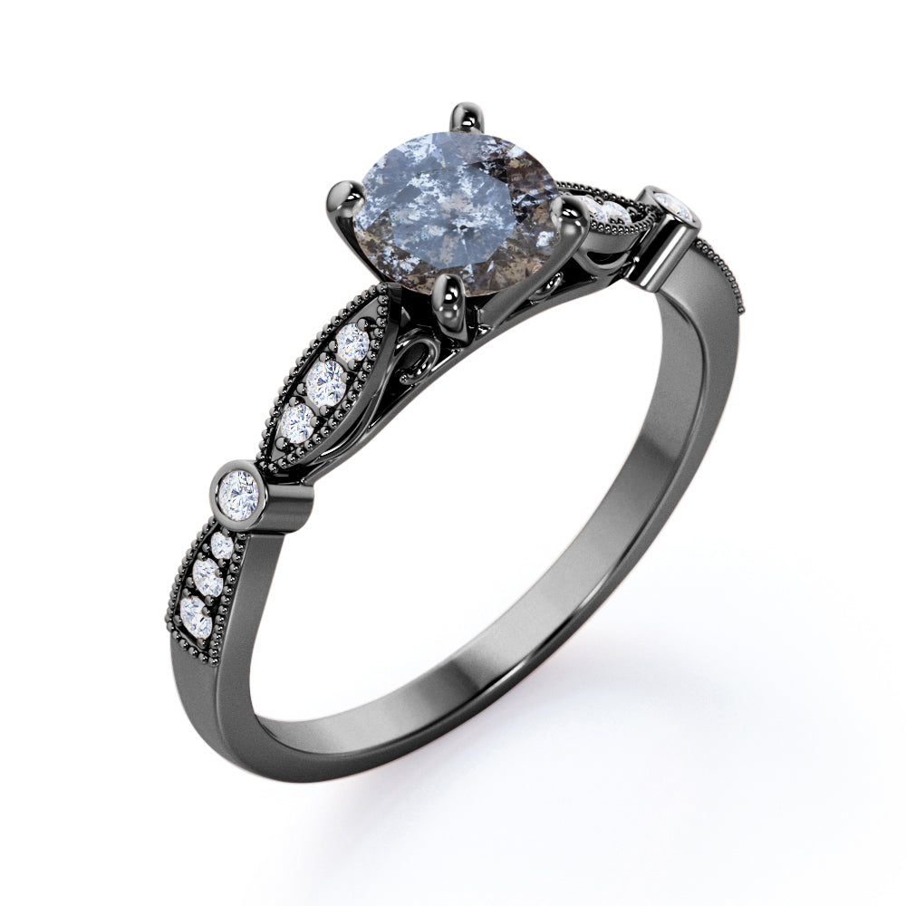Royal Cathedral setting 0.75 carat Round cut Salt and pepper diamond and White diamond vintage engagement ring in Black gold