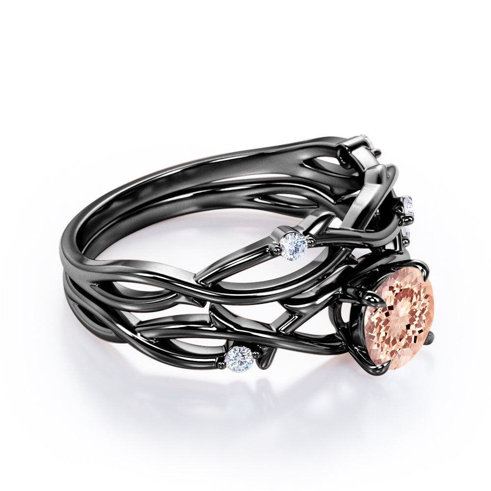 Twig and Vine inspired 1.1 carat Round cut Morganite and diamond earthy wedding ring set in Black gold