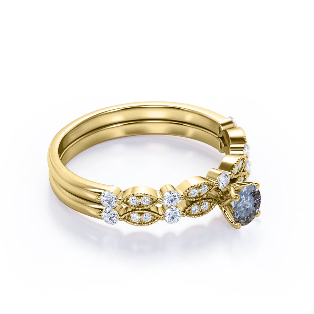 Vintage Marquise and dot style 0.75 carat Round cut Salt and pepper diamond and White diamond cathedral setting wedding ring set in yellow gold