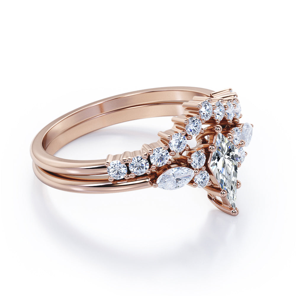 Prong style 1.40 carat Kite shaped Moissanite and diamond vintage inspired Bridal set in Rose gold