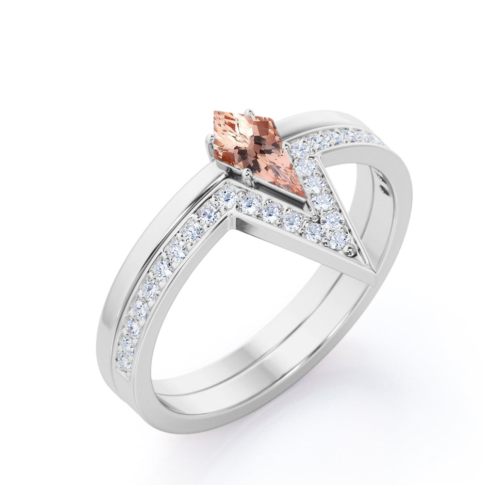 Modern Solitaire 1.25 carat Kite shaped Pink Morganite and diamond 4 prong wedding ring set in White gold