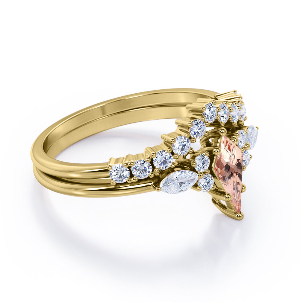Garland Chevron 1.45 carat Kite shaped Peach Morganite and diamond 6 prong Bridal wedding ring set for women in Yellow gold