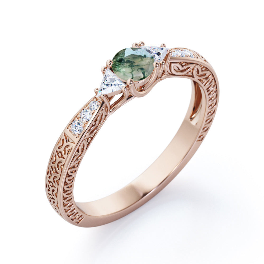 Triple trillion 0.75 carat Round cut Moss Green Agate and diamond filigree engagement ring in Rose gold
