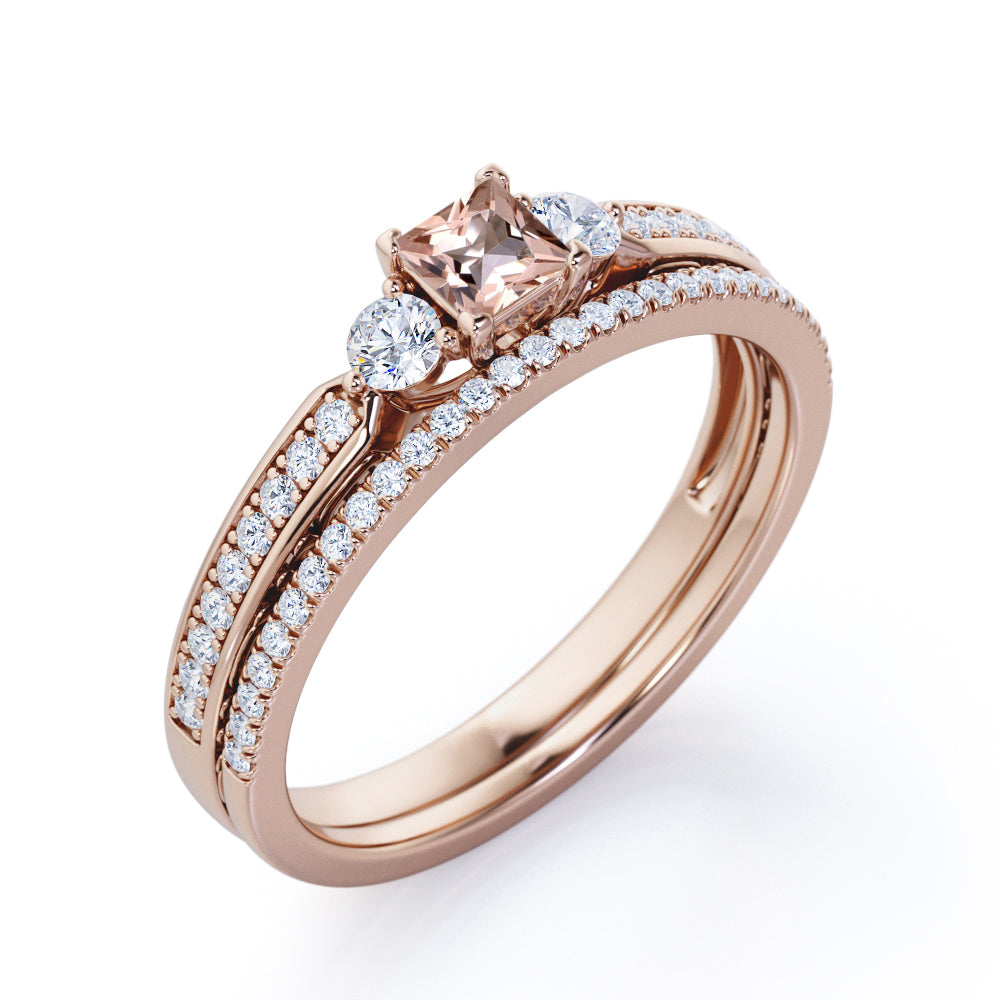 Antique trio 1 carat Princess cut Pink Morganite and pave diamonds eternity wedding ring set for her in Rose gold