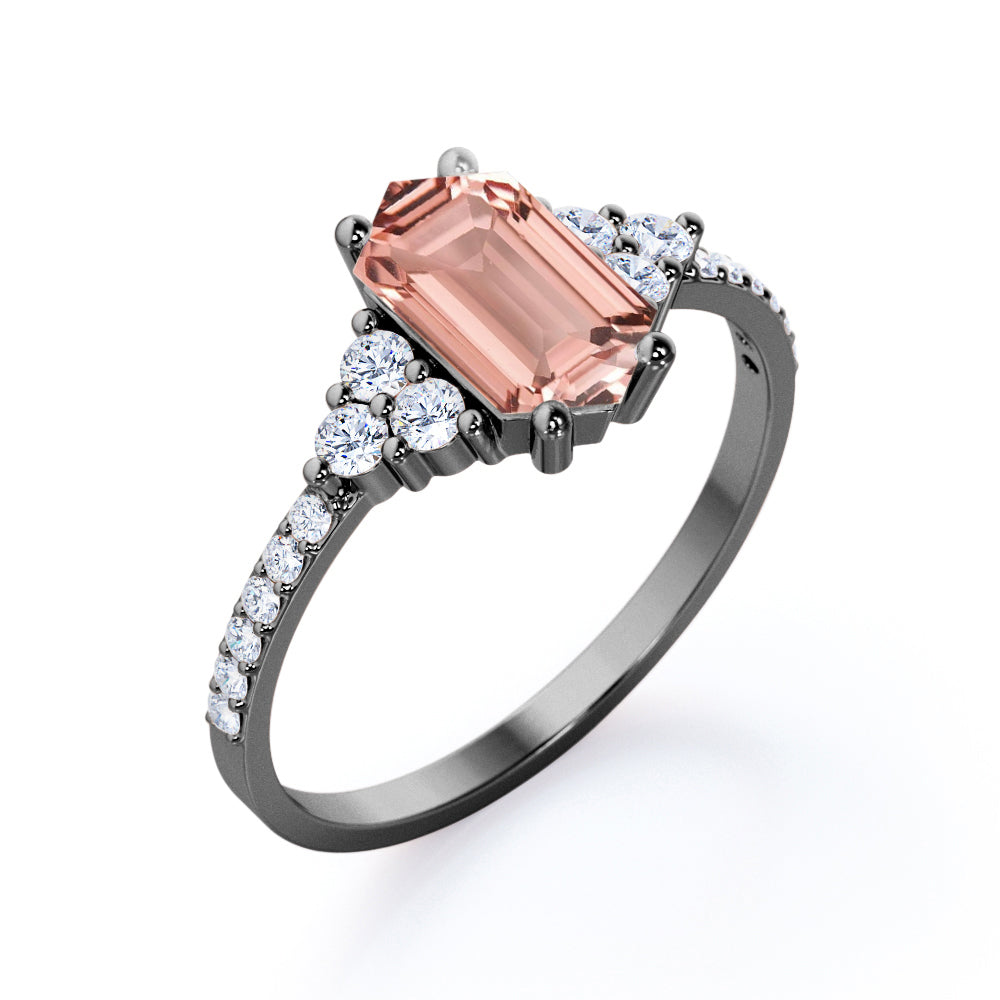 Elongated 1.5 carat Hexagon shaped Morganite and diamond pave eternity engagement ring in Black gold