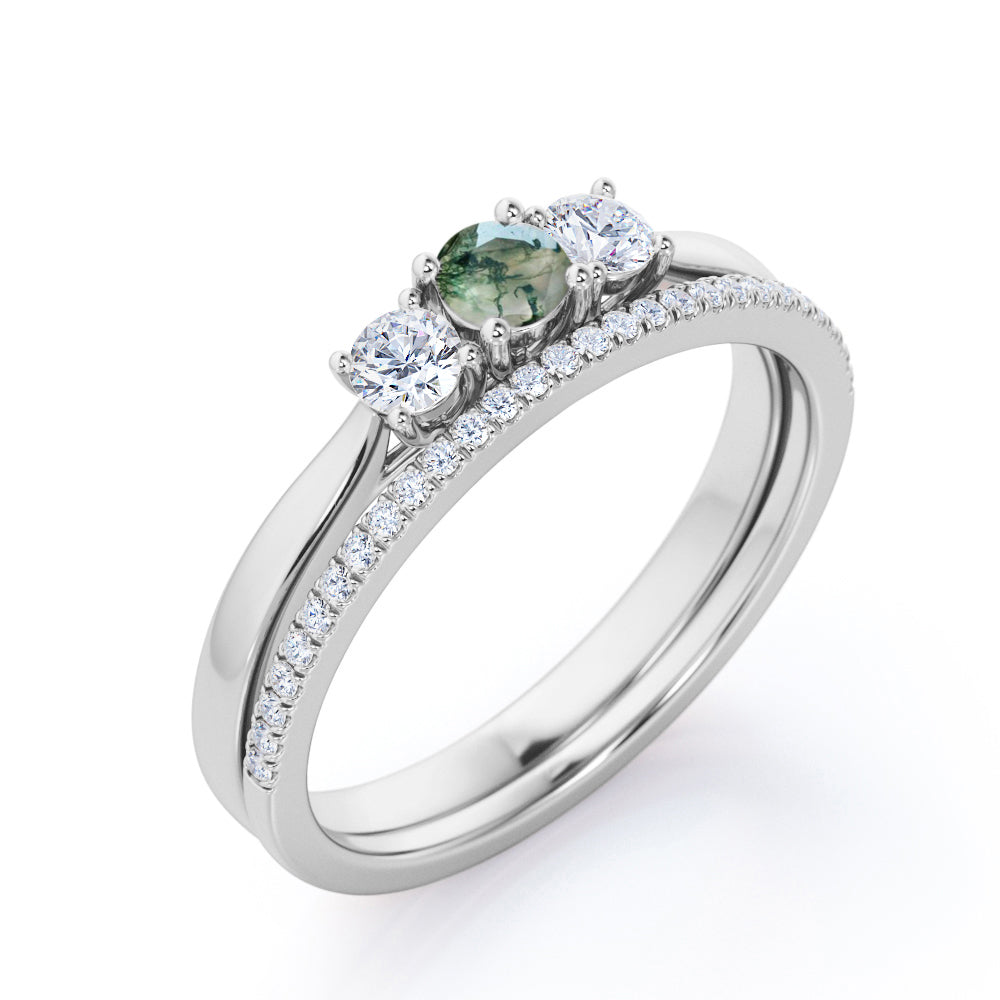 Classic trio style 0.75 carat Round cut Moss green Agate and diamond eternity wedding ring set for women in White gold