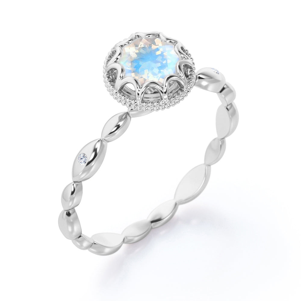 Flower Milgrain Halo 1 carat Round cut Blue Moonstone solitaire infinity engagement ring in White gold