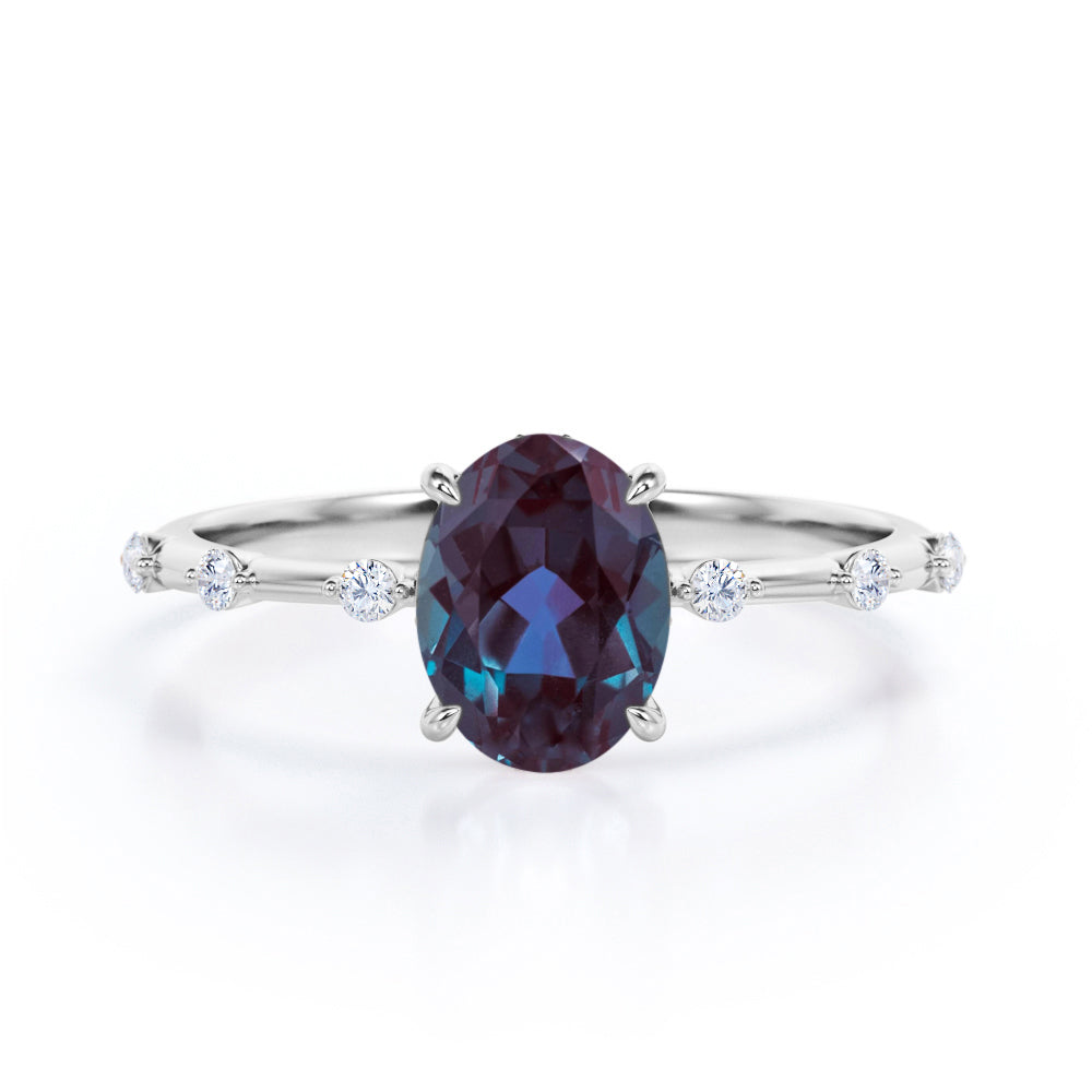 Twig style 1.1 carat Oval shaped Lab made Alexandrite and diamond nature inspired engagement ring in Black gold