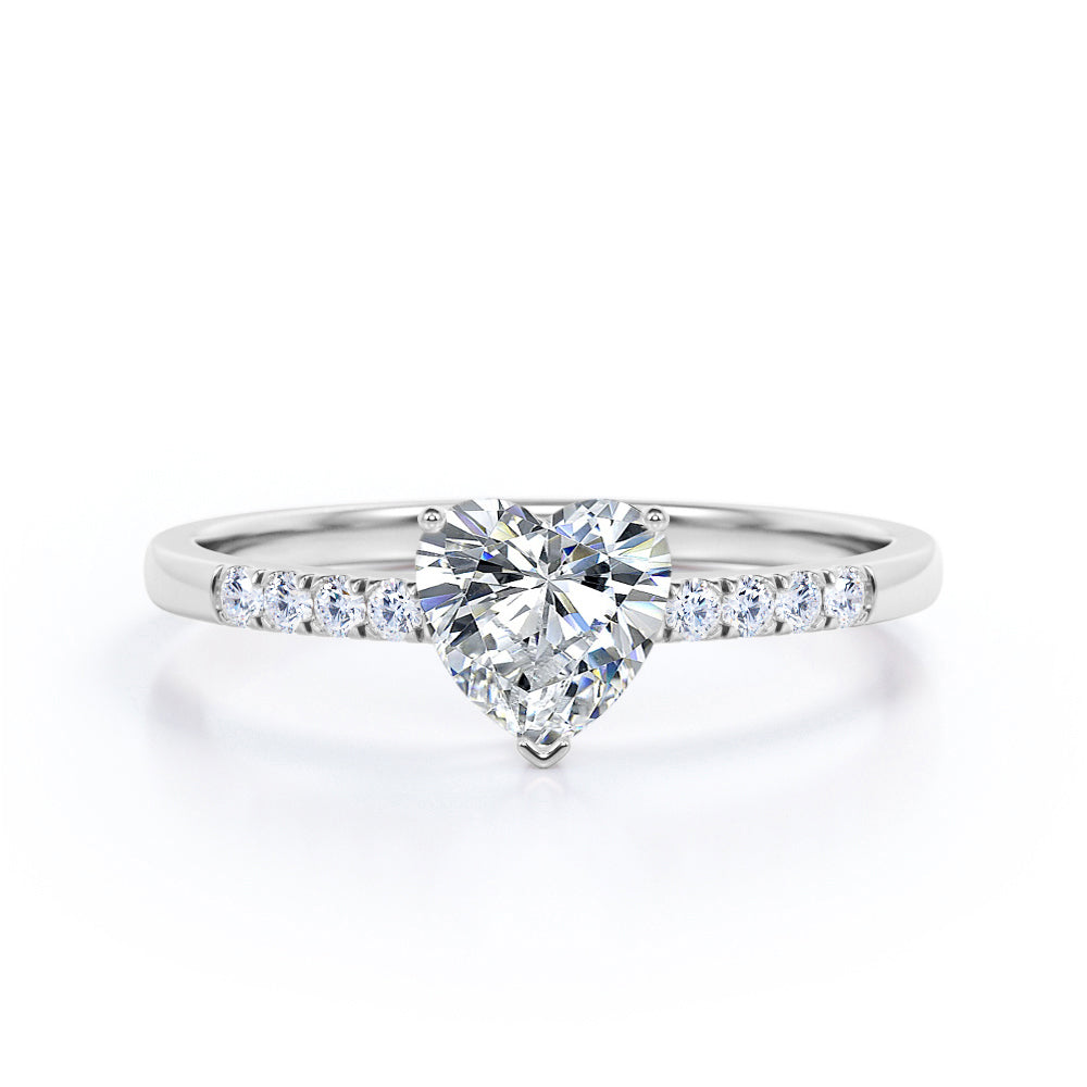 Classic Pave 1.2 carat Heart shaped Moissanite and diamond vintage engagement ring in White gold