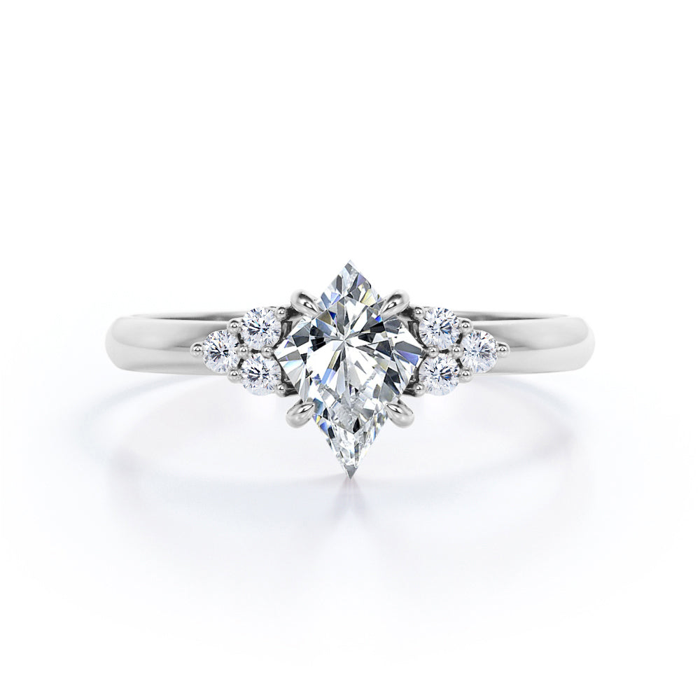 Unique Claw prong 1 carat Kite shaped Moissanite and diamond vintage style engagement ring in White gold