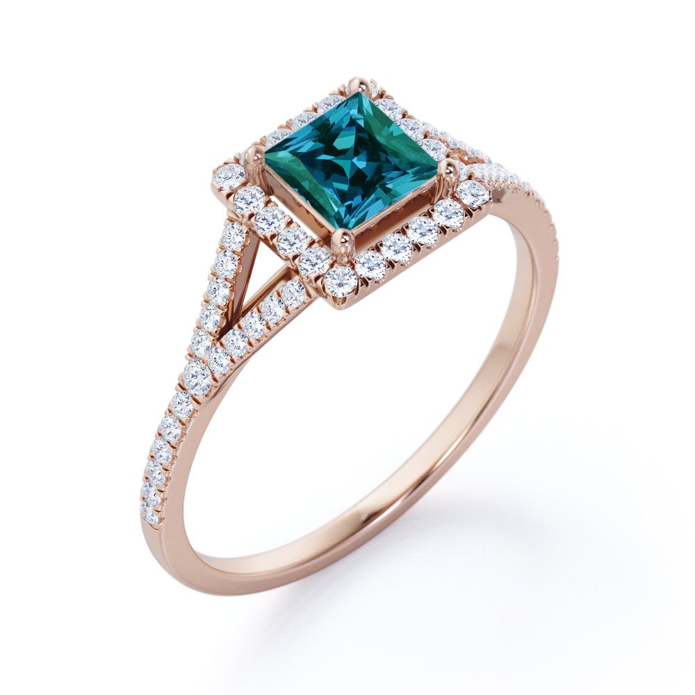 Antique French Pave 1.35 carat Princess cut Synthetic Alexandrite and diamond split shank style engagement ring in Rose gold