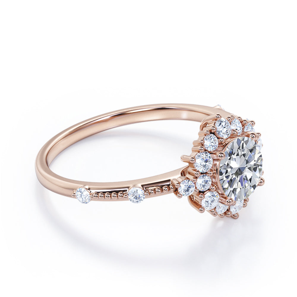 1.2 carat Round cut Moissanite and diamond Milgrain and halo engagement ring for women in rose gold