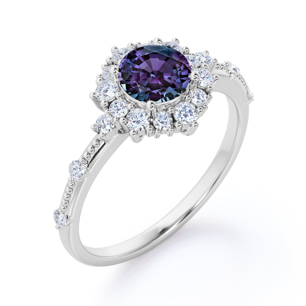 Antique Snowflake Halo 1.35 carat Round cut Synthetic Alexandrite and diamond vintage bead décor engagement ring in Black gold