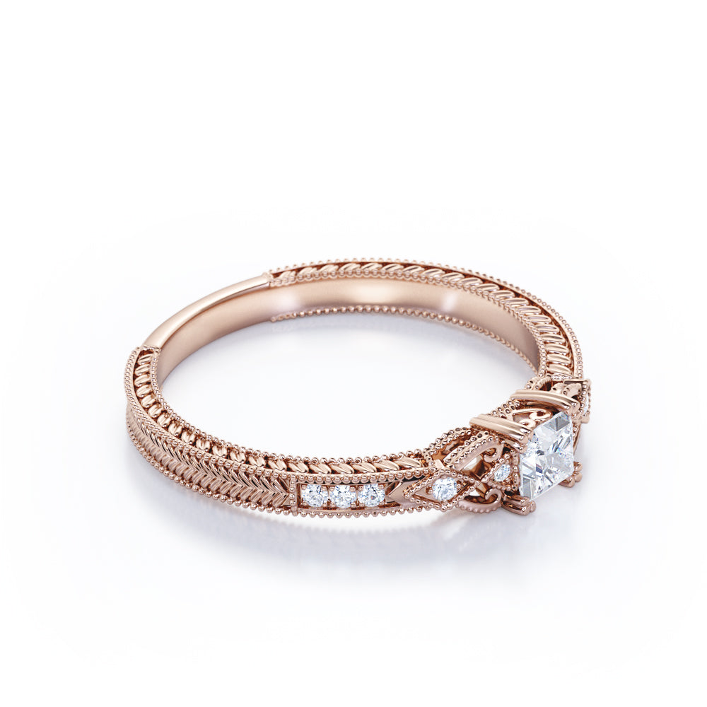 Intricate 1.1 carat Princess cut Moissanite and diamond Edwardian art deco engagement ring in Rose gold