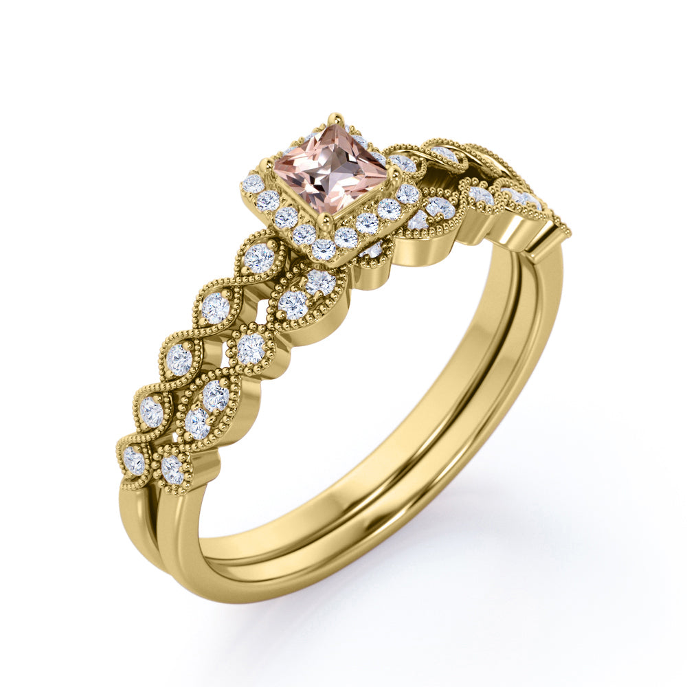 Vintage scalloped 1.25 carat Princess cut Peach Morganite and diamond antique bridal set for women in yellow gold