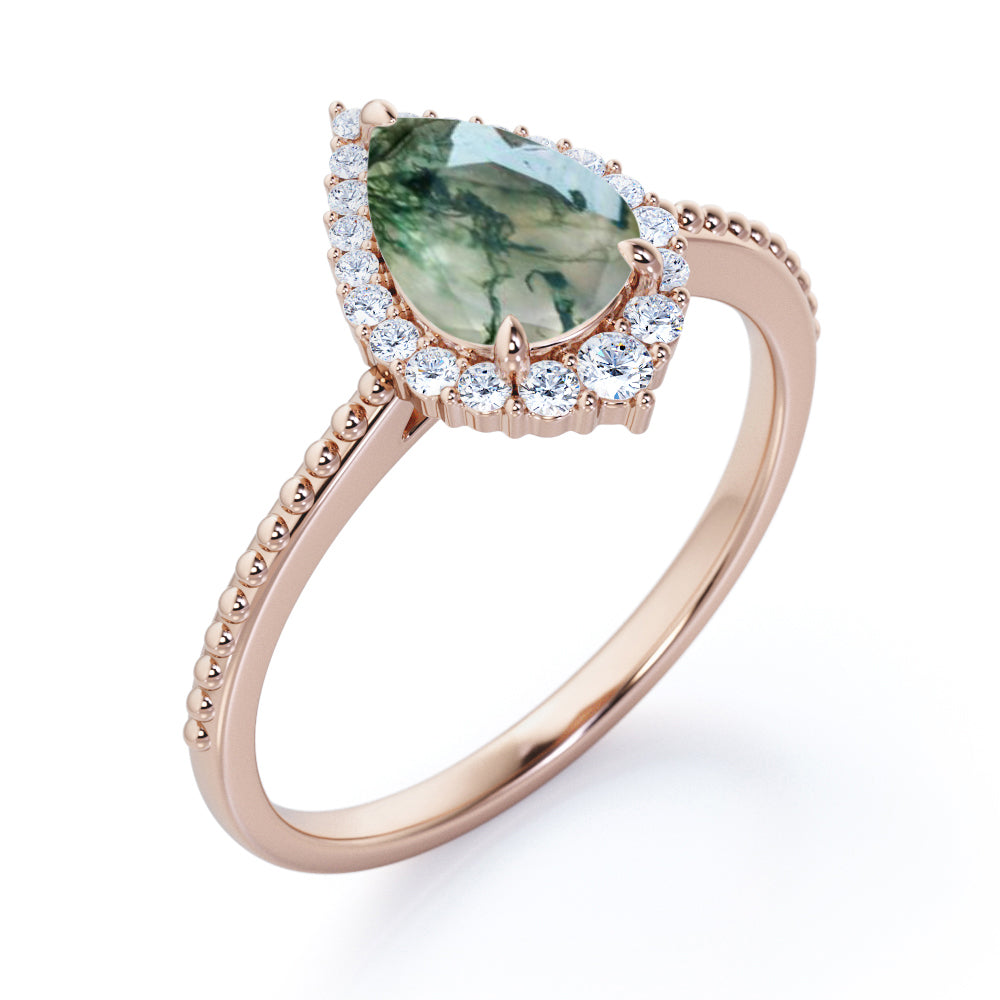 Royal inspired 1.2 carat Pear shaped Moss Green Agate and diamond Milgrain and halo engagement ring in Rose gold