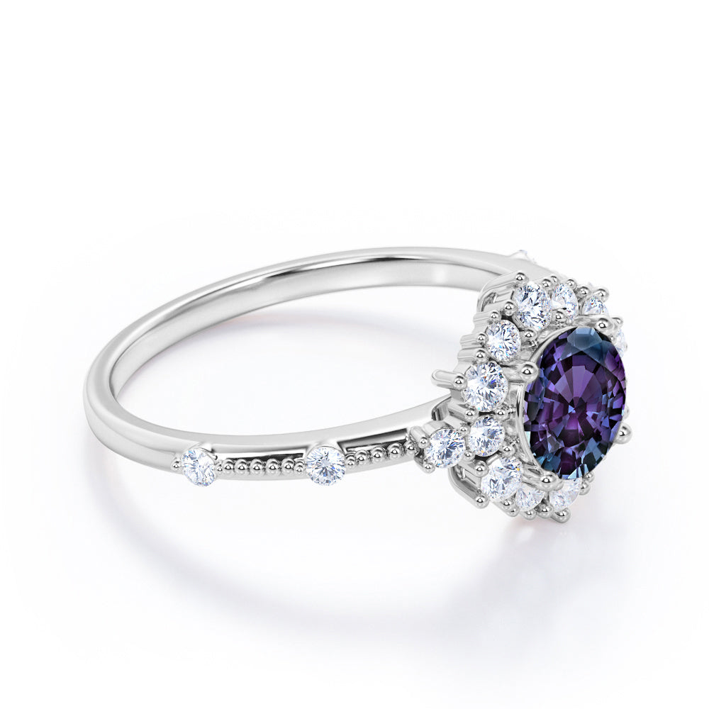 Antique Snowflake Halo 1.35 carat Round cut Synthetic Alexandrite and diamond vintage bead décor engagement ring in Black gold