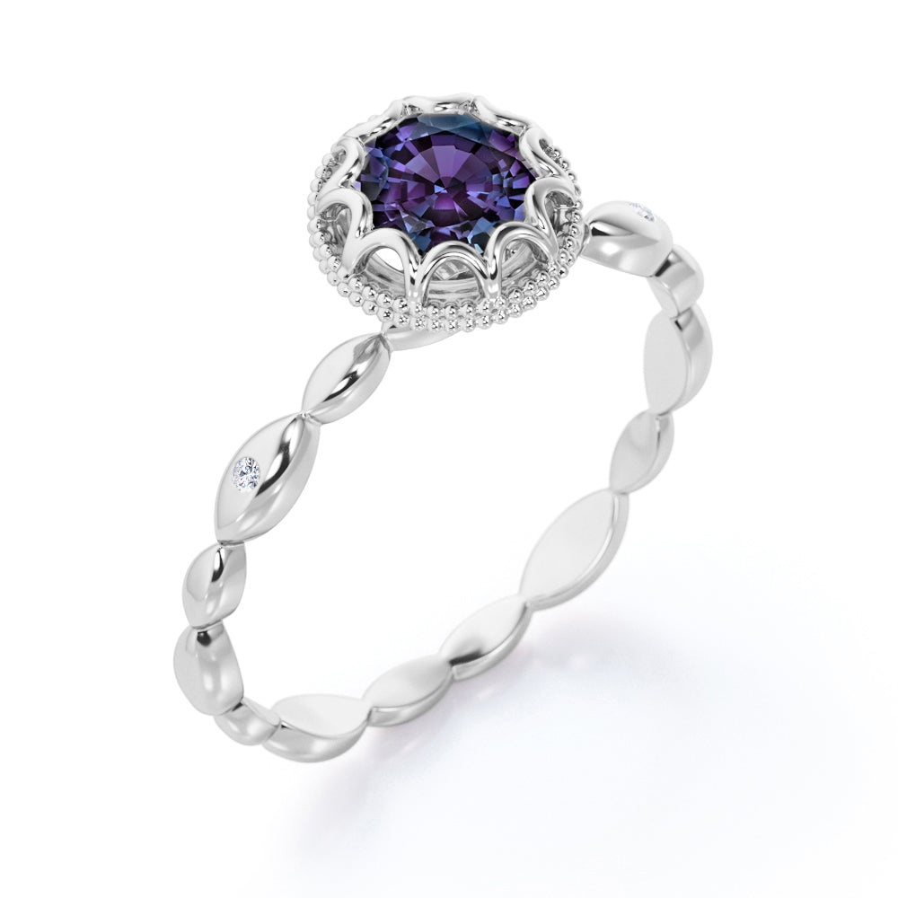 Vintage Scalloped 0.5 carat Round cut Synthetic Alexandrite and diamond milgrain halo engagement ring in White gold