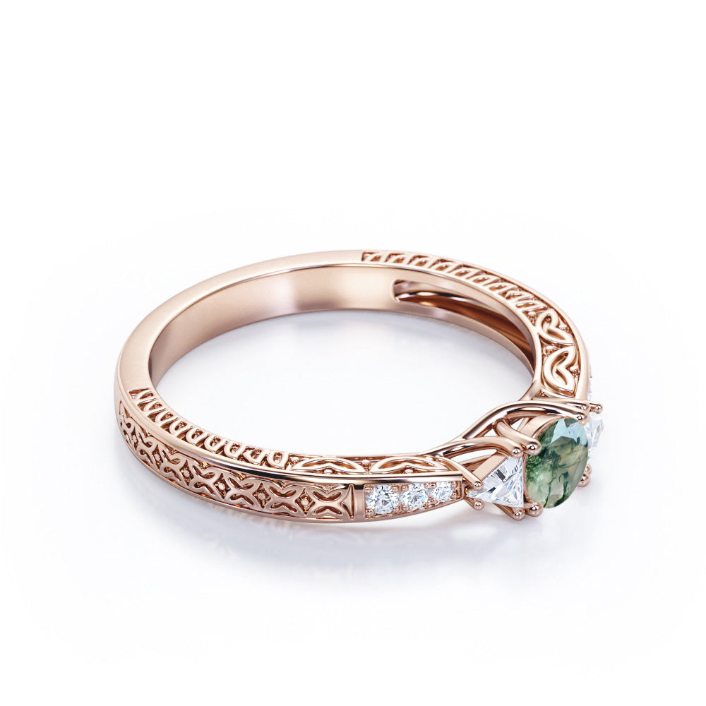 Triple trillion 0.75 carat Round cut Moss Green Agate and diamond filigree engagement ring in Rose gold