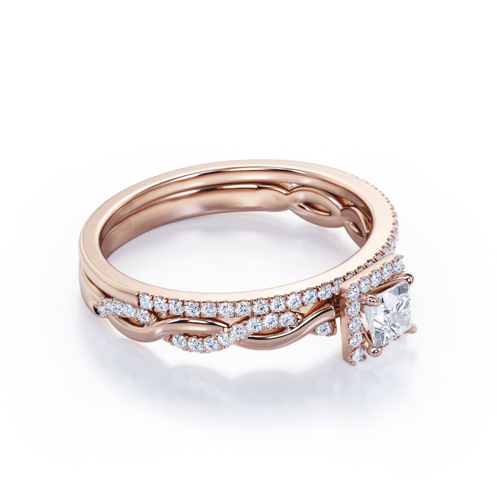 Infinity style 0.8 carat Princess cut Moissanite and diamond twisted halo engagement ring set in rose gold-Bridal set