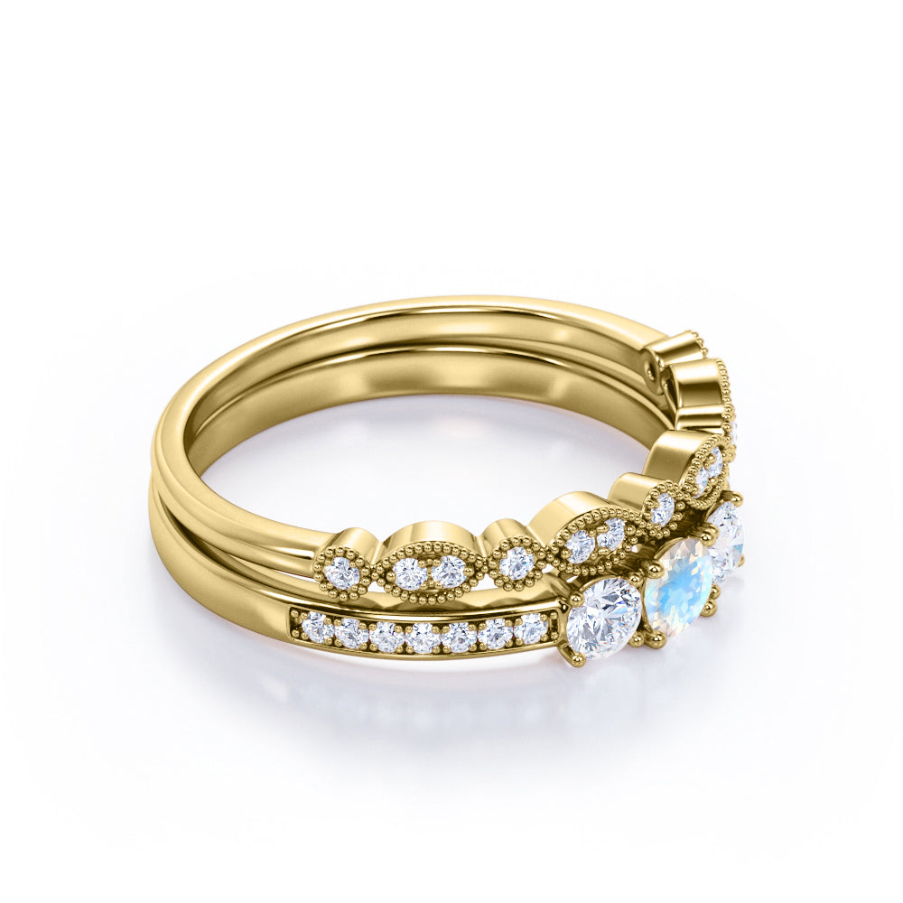 Stylish Channel set 1.55 carat Round cut Moonstone and diamond three stone wedding ring set for her in Rose gold