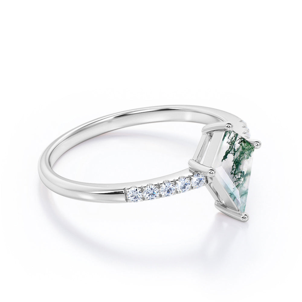 Classic Pave 1.2 carat Kite shaped Moss Green Agate and diamond 4 prong engagement ring in White gold