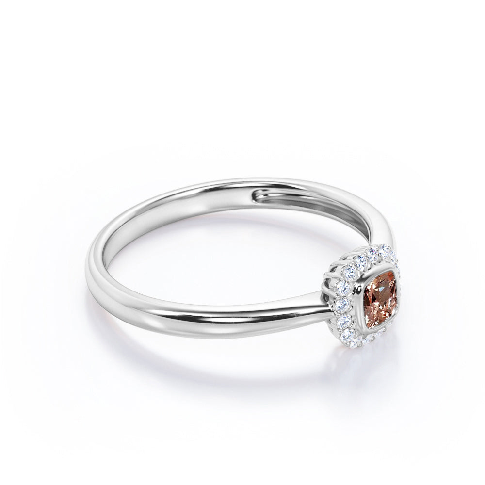 Pinched Shank setting 0.65 carat Cushion cut Morganite and diamond Floral halo engagement ring in White gold