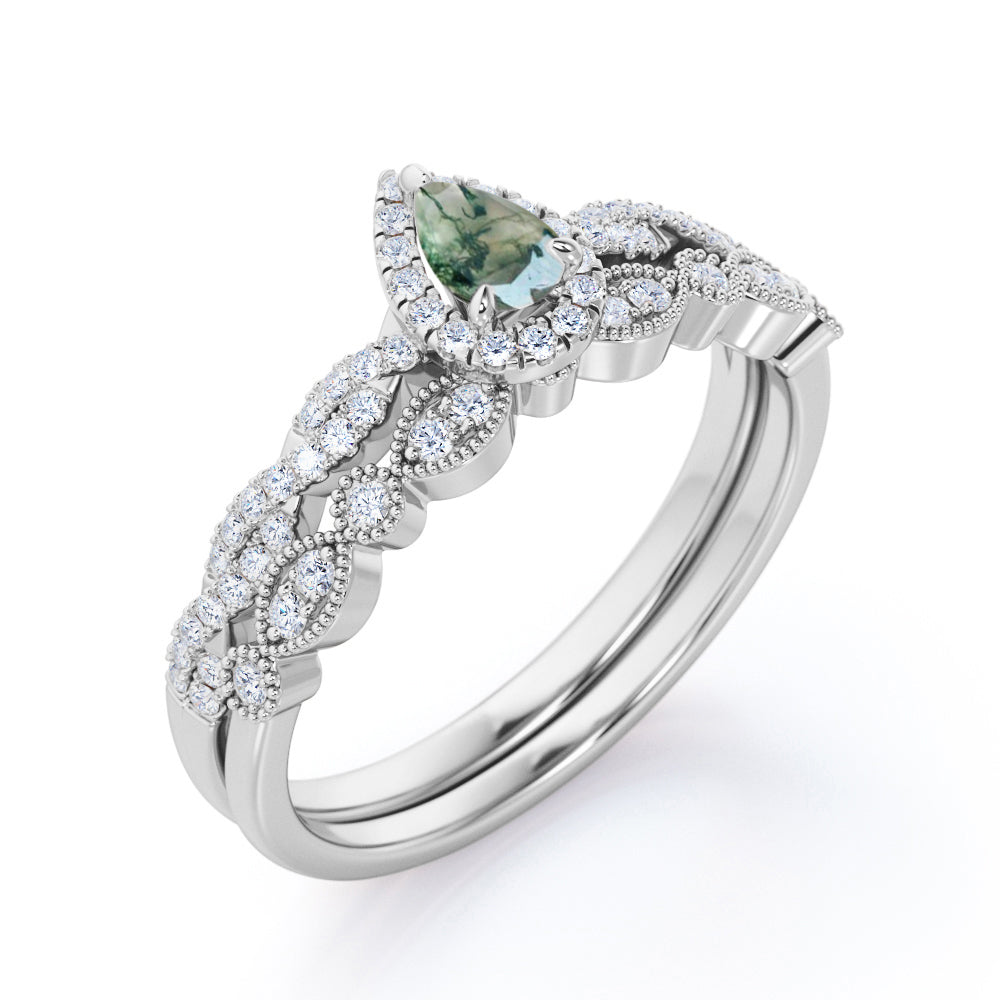 Infinity Halo 1.1 carat Pear cut Moss Green Agate and diamond bridal set for her in White gold