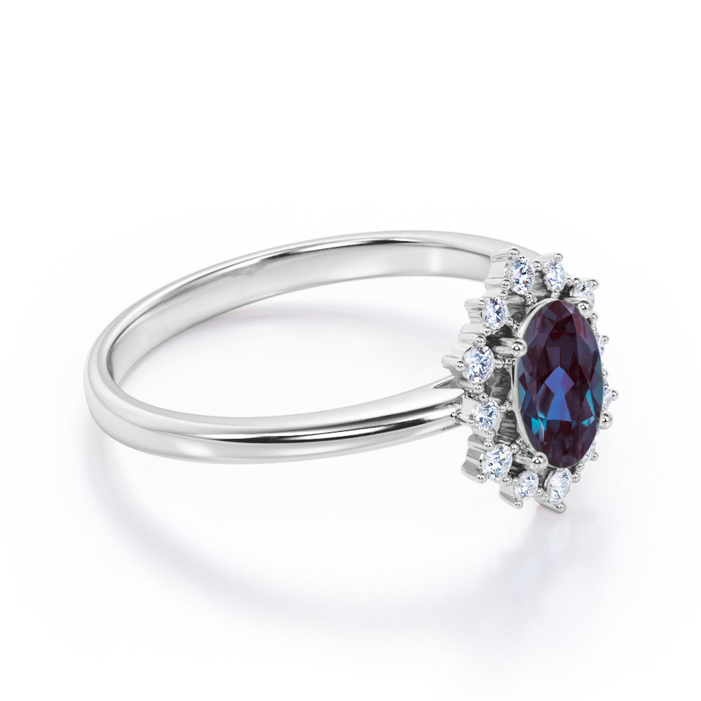 Snowflake Cluster 1.25 carat Oval shaped Alexandrite and diamond floral halo engagement ring in Black gold