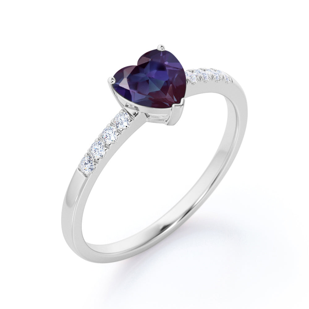 Romantic Pave 1.2 carat Heart shaped Alexandrite and diamond art deco inspired engagement ring in Black gold