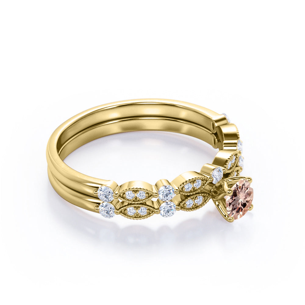 Vintage Antique Design 0.8 carat Round cut Pink Morganite and diamond bridal set for women in Yellow gold