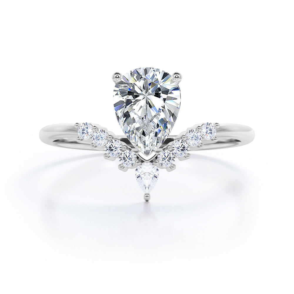 Antique V-shaped 1.15 carat Pear cut Moissanite and diamond engagement ring in White gold