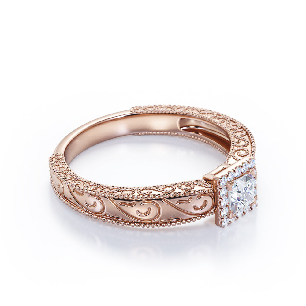 Square halo 0.7 carat Princess cut Moissanite and diamond wide shank engagement ring in Rose gold