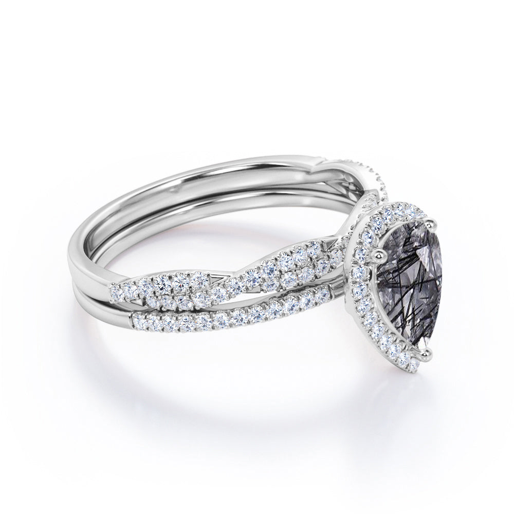 Huge 1.75 carat Pear cut Rutilated quartz and diamond vintage infinity wedding ring set in White gold
