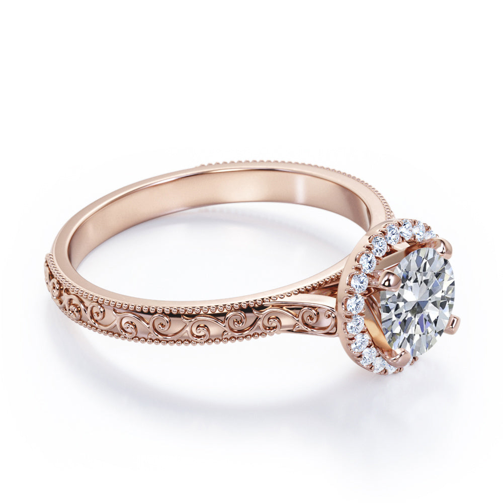 Filigree engraved 1.15 carat Round cut Moissanite and diamond Edwardian engagement ring in Rose gold