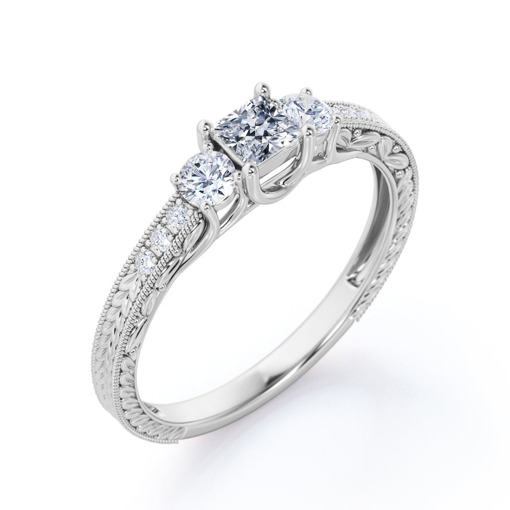 Twisted 4 Prong trio stone 0.58 carat Princess cut cathedral setting diamond Engagement ring in Gold