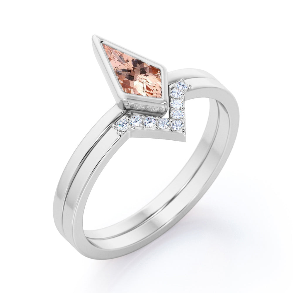 Bezel and tiara chevron 1.15 carat Kite shaped Morganite and diamond vintage Bridal set for women in White gold
