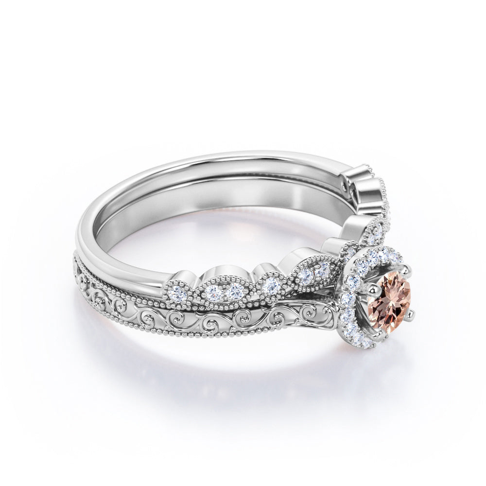 Antique Bridal 1 carat Round cut Morganite and diamond-Filigree and Milgrain-classic halo wedding ring set in White gold