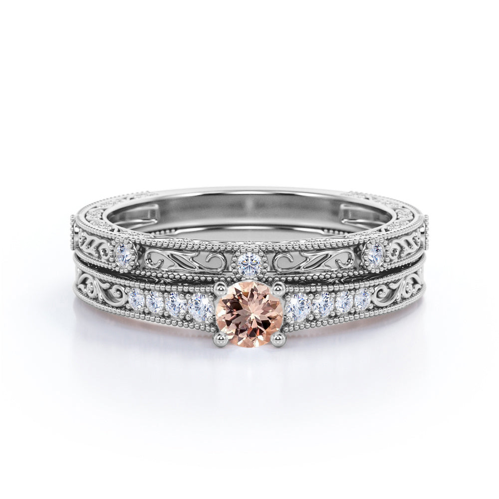 Antique Edwardian Décor 0.65 carat Round cut Peach pink Morganite and Diamond filigree and milgrain wedding ring set in White gold
