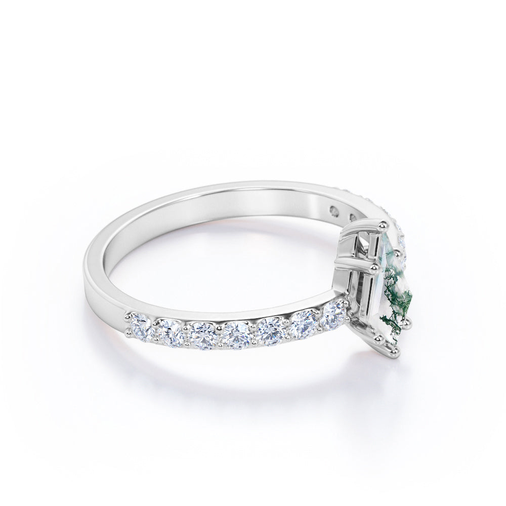Classic Pave 1.15 carat Kite shaped Moss Agate and diamond 6 prong engagement ring in White gold