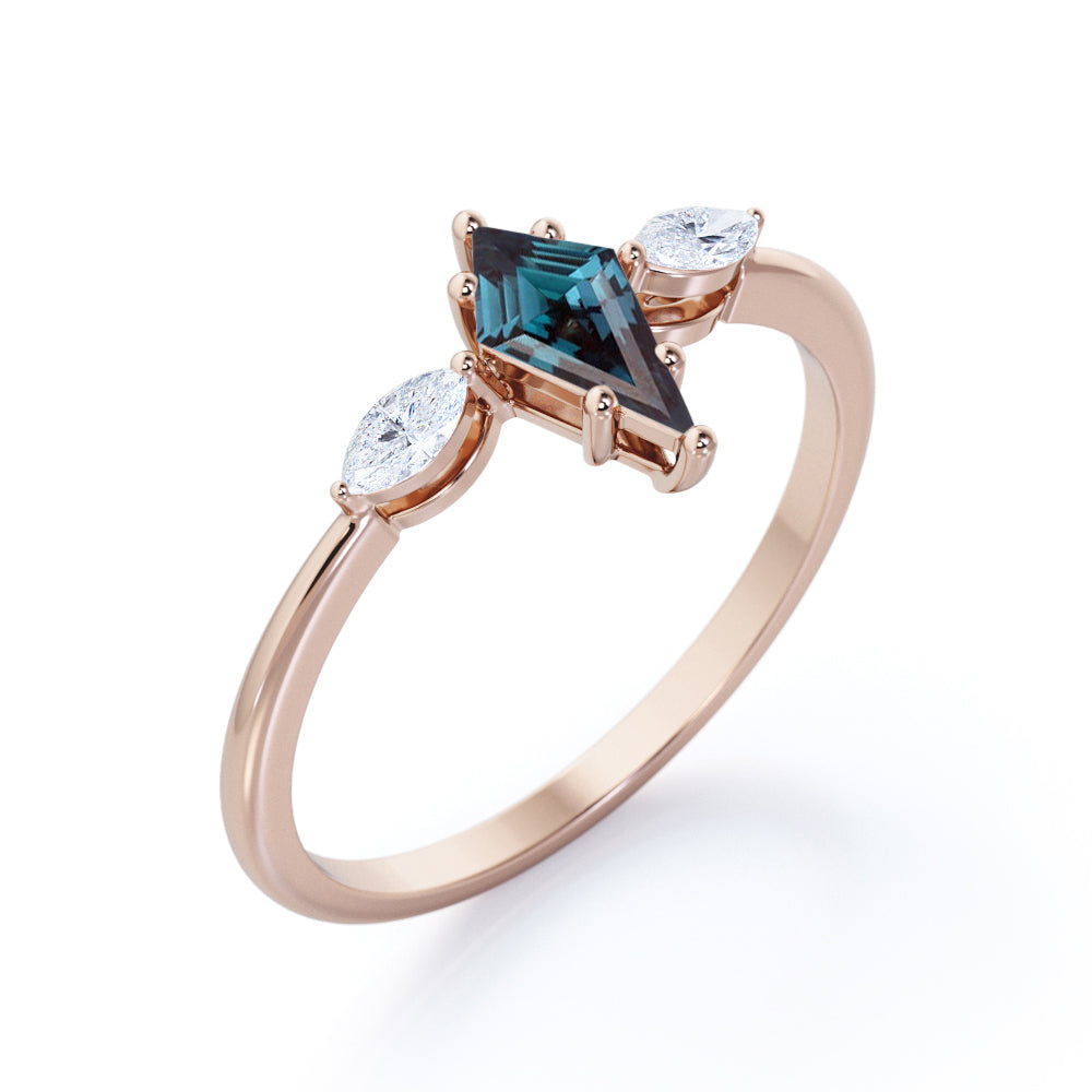 Unique trilogy 1.1 carat Kite shaped Lab created Alexandrite and diamond 6 prong engagement ring in Rose gold