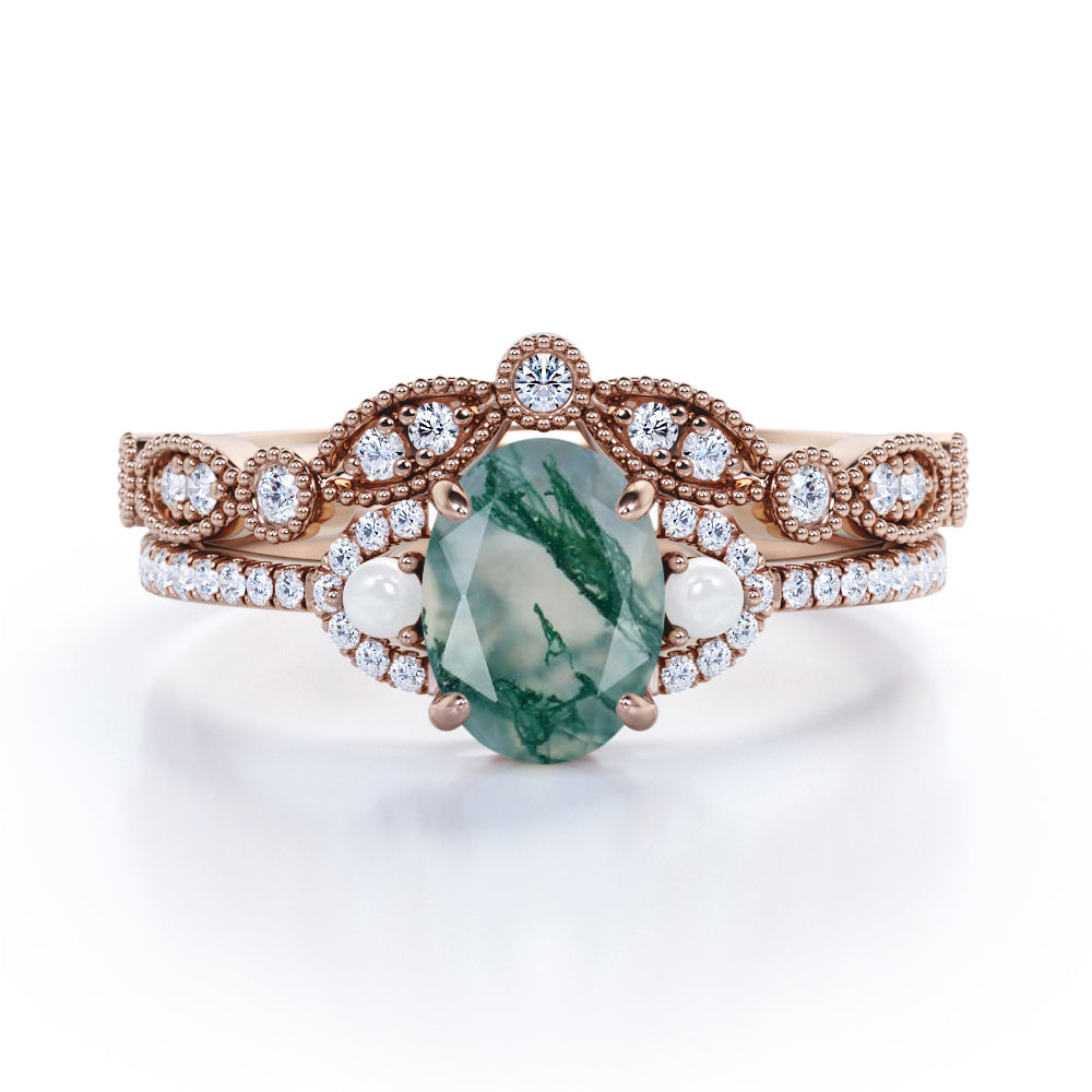 Victorian style Milgrain 1.55 carat Oval cut Moss Green Agate, diamond and pearl art nouveau Bridal set for women in Rose gold