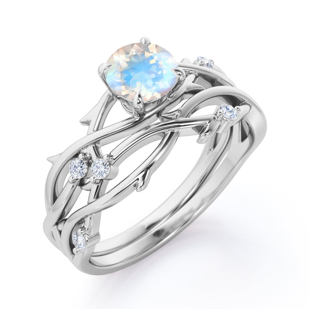 Eccentric nature inspired 1.15 carat Round cut Moonstone and diamond earthy Bridal set for women in White gold