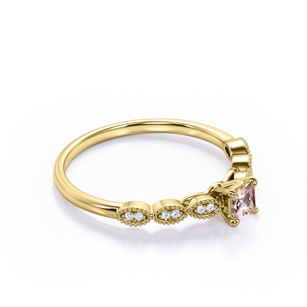 Antique beaded 0.75 carat Princess cut Morganite and diamond claw prong engagement ring in Yellow gold