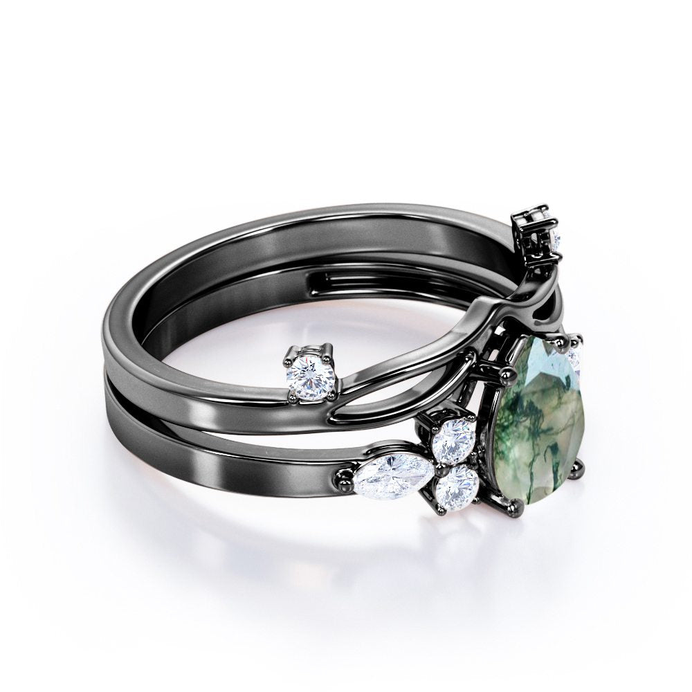 Beveled Chevron 1.25 carat Pear cut Moss Green Agate and diamond Split shank wedding ring set in Black gold